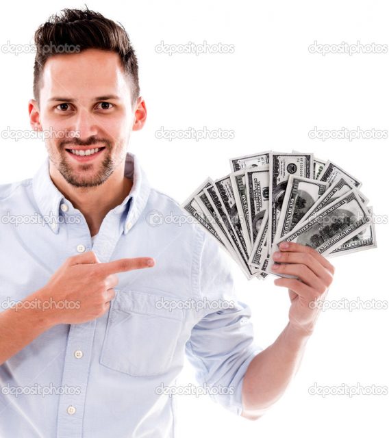 Rich woman pointing a bunch of dollar bills - isolated over white